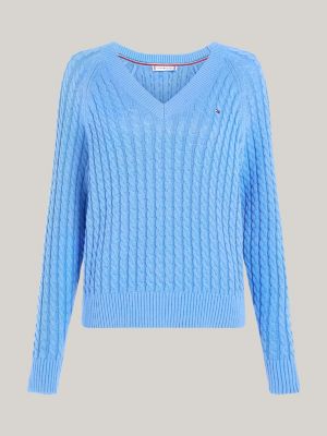 TOMMY HILFIGER - Women's cable knit T-shirt with logo - Light blue -  WW0WW38744C1Z