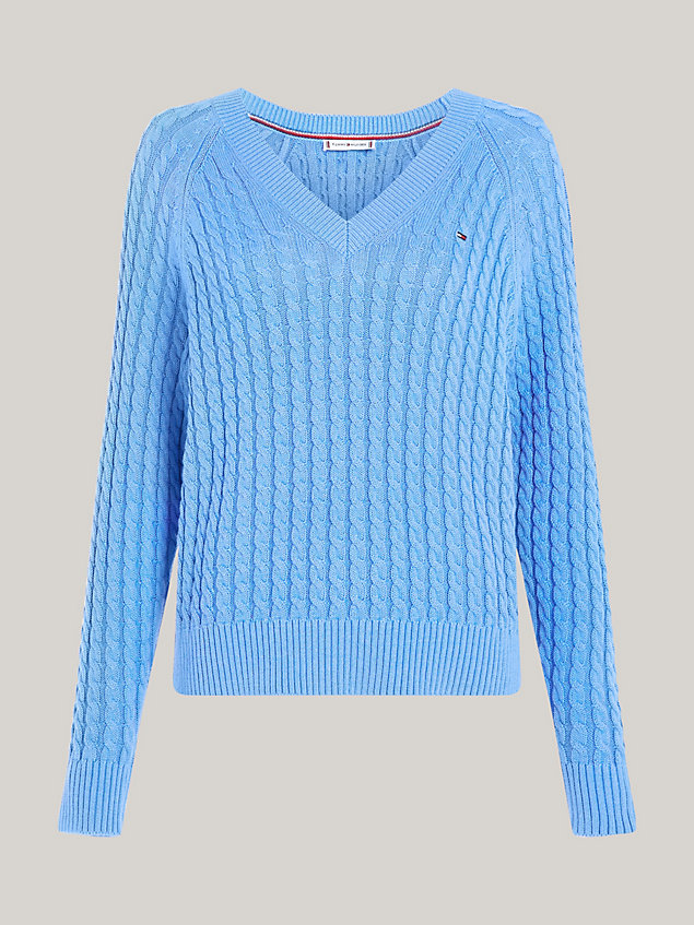 blue kabelgebreide relaxed fit trui met v-hals voor dames - tommy hilfiger