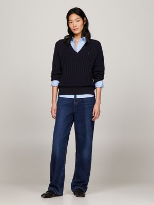 Cable Knit Relaxed V-Neck Jumper, Blue