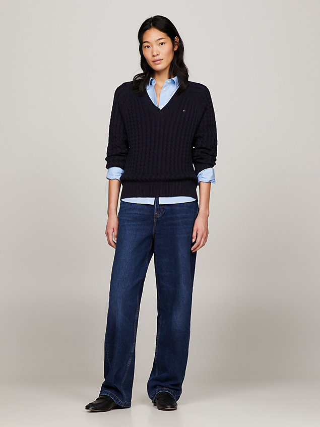 blue cable knit relaxed v-neck jumper for women tommy hilfiger