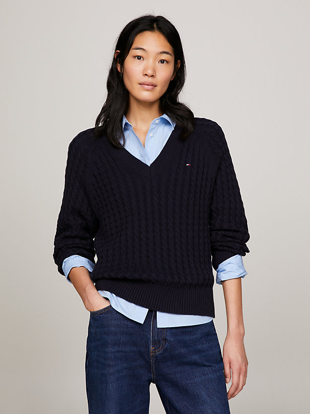 blue cable knit relaxed v-neck jumper for women tommy hilfiger