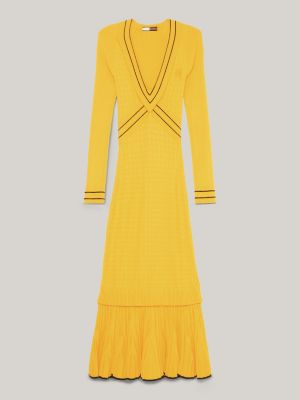 Crest Cable Knit V-Neck Sweater Dress, Yellow