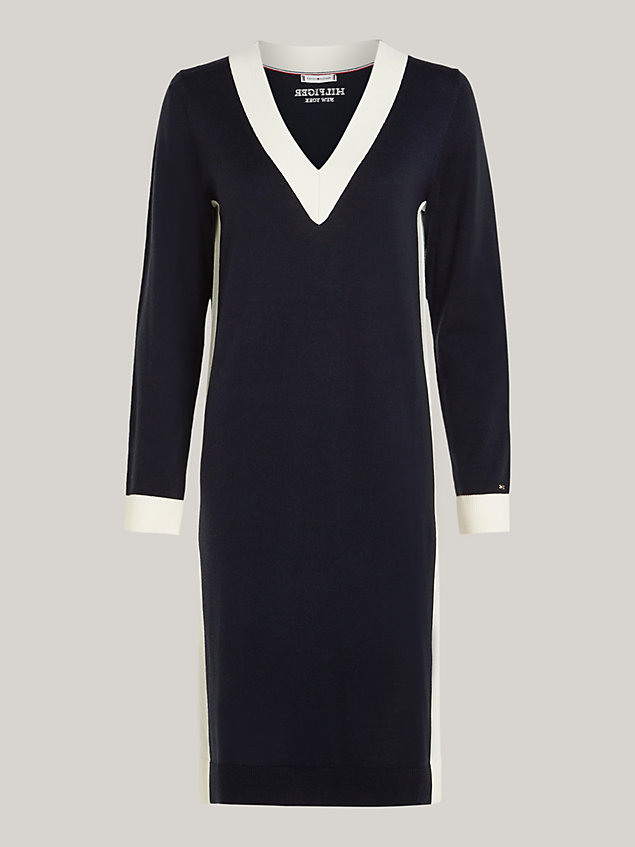 blue varsity v-neck wool blend sweater dress for women tommy hilfiger