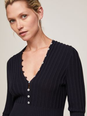 Button V-Neck Slim Sweater Dress | Blue | Tommy Hilfiger | Blusenkleider