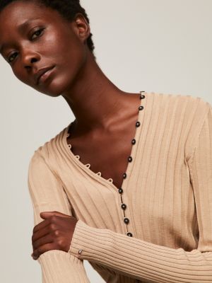 Ribbed button-front top