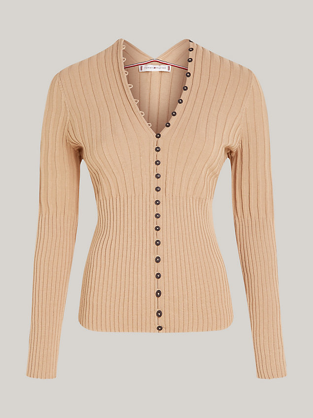 beige ribbed button down slim fit cardigan for women tommy hilfiger