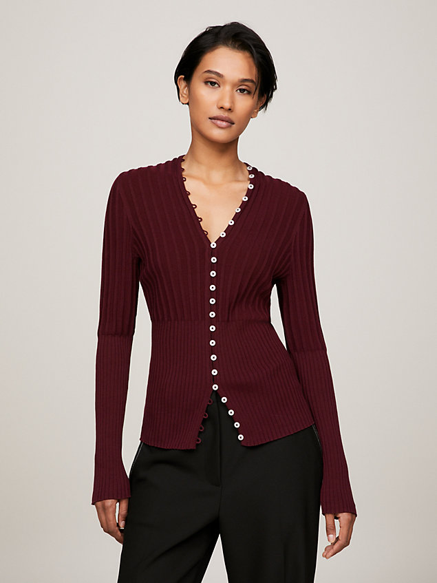purple ribbed button down slim fit cardigan for women tommy hilfiger