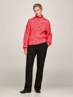 Textured Mock Turtleneck Two-Tone Relaxed Jumper, Red