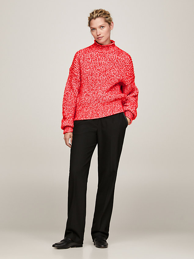 red teksturowany dwukolorowy sweter z półgolfem dla kobiety - tommy hilfiger