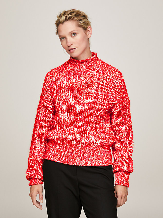 red zweifarbiger relaxed fit mock neck-pullover für damen - tommy hilfiger
