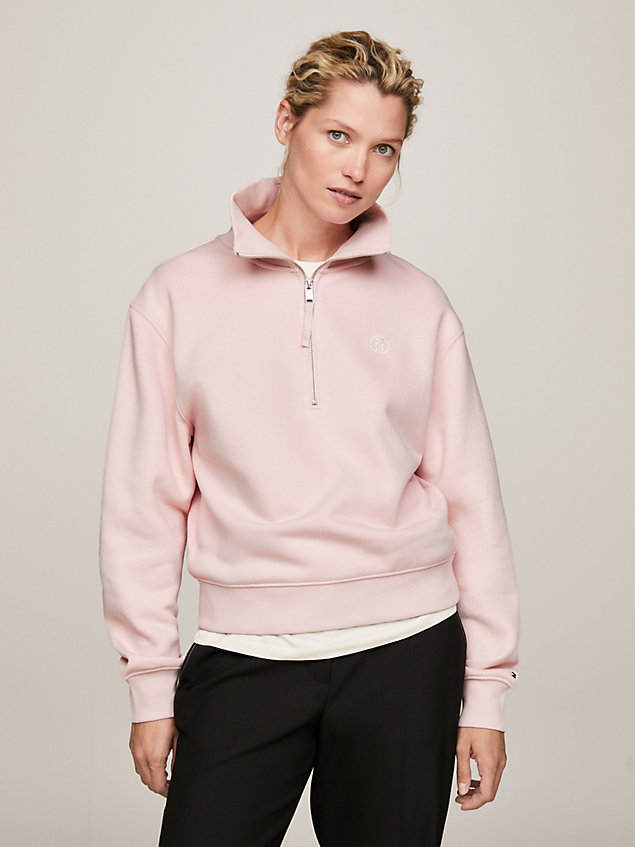 pink th monogram cropped half-zip sweatshirt for women tommy hilfiger