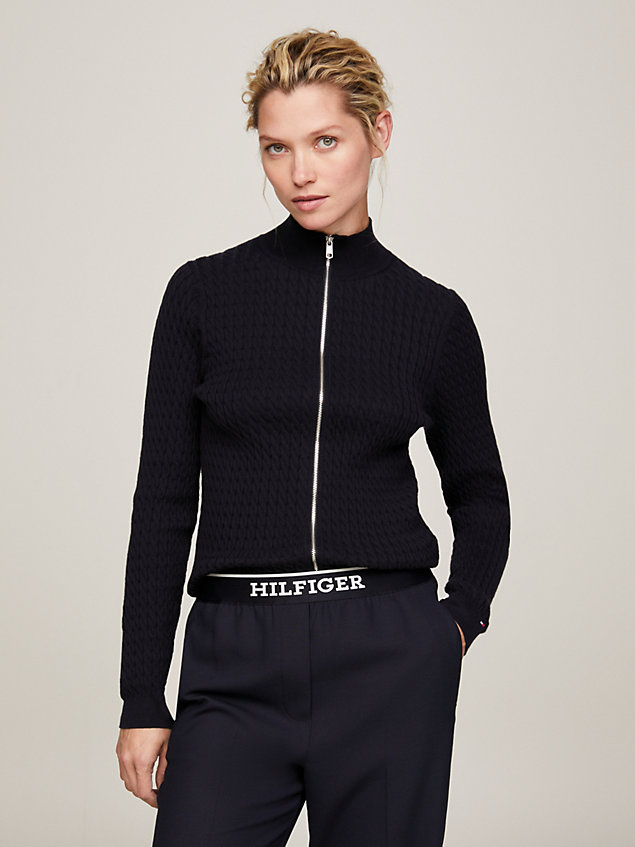 blue cable knit zip-thru slim cardigan for women tommy hilfiger