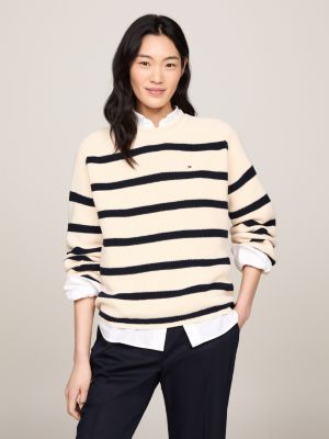 TOMMY HILFIGER Womens White Color Block Long Sleeve V Neck Sweater