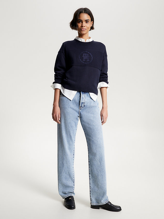 blue th monogram stamp relaxed fit jumper for women tommy hilfiger