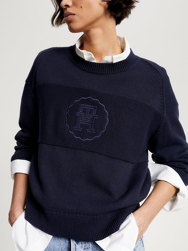 blue th monogram stamp relaxed fit jumper for women tommy hilfiger