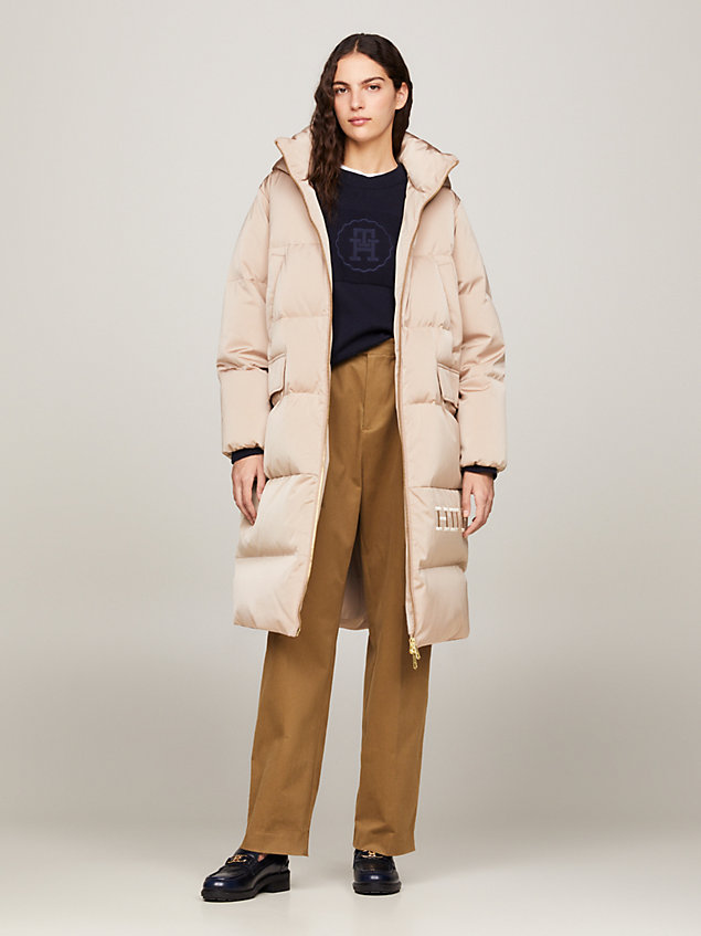 beige hooded maxi down-filled coat for women tommy hilfiger