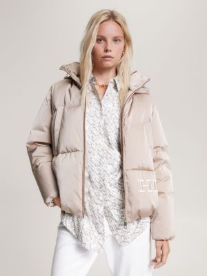 Relaxed Fit Daunenjacke aus Satin mit Kapuze | Beige | Tommy Hilfiger