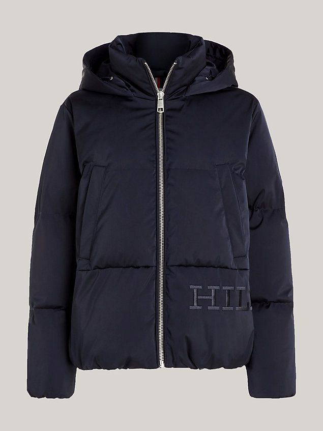 blue hooded down sateen relaxed jacket for women tommy hilfiger