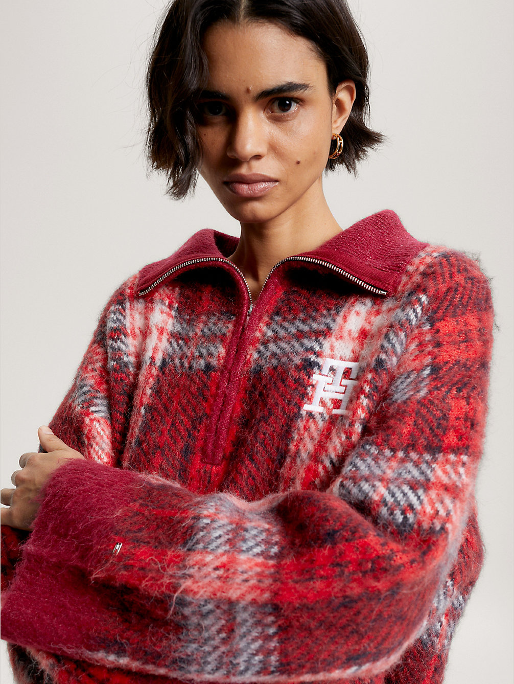 red sweter th monogram ze wzorem w szkocką kratę dla kobiety - tommy hilfiger