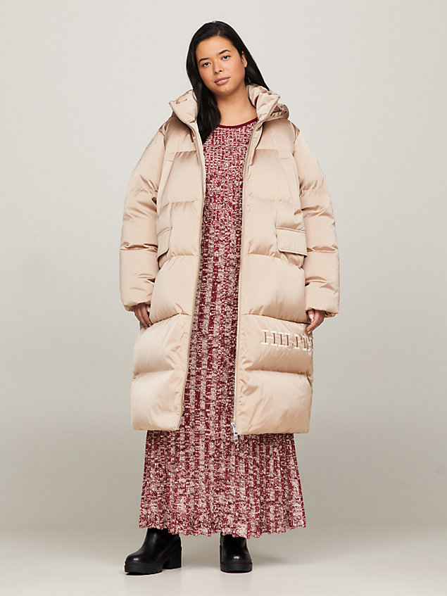 beige curve hooded maxi down-filled coat for women tommy hilfiger