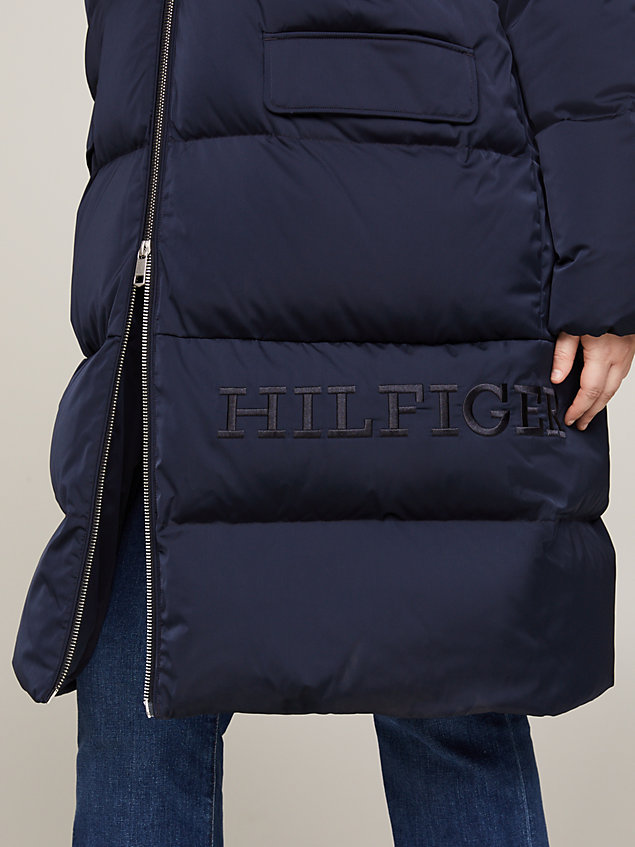 blue curve hooded maxi down-filled coat for women tommy hilfiger