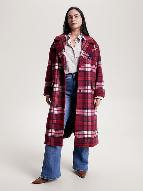 red curve tartan th monogram relaxed coat for women tommy hilfiger