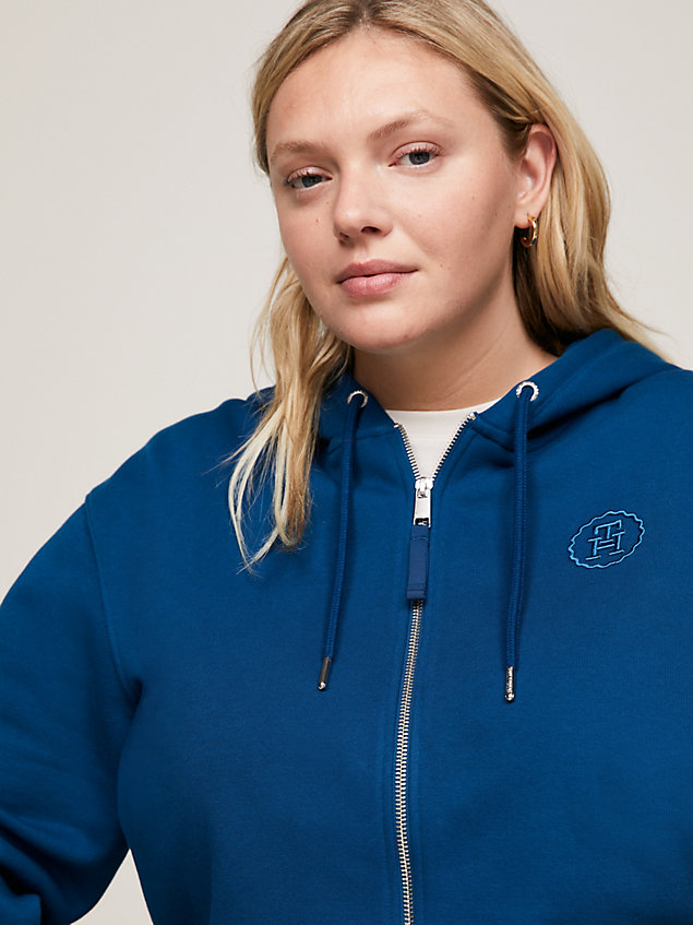 blue curve hoodie met rits en geborduurd monogram voor dames - tommy hilfiger