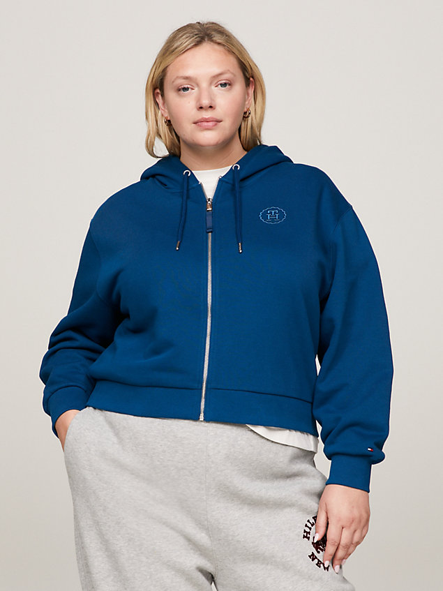 blue curve th monogram embroidery zip-thru hoody for women tommy hilfiger