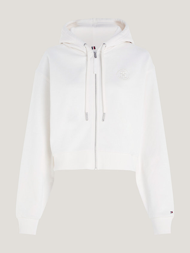 white curve hoodie met rits en geborduurd monogram voor dames - tommy hilfiger