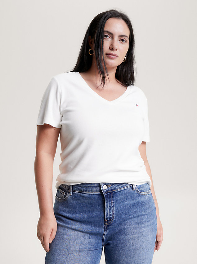 white curve organic cotton v-neck slim t-shirt for women tommy hilfiger