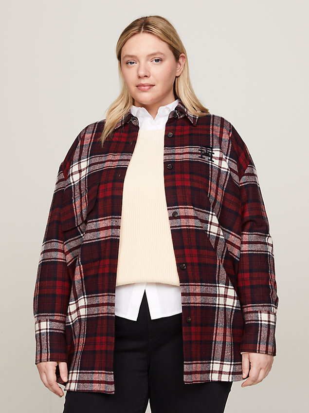 red curve tartan th monogram relaxed overshirt for women tommy hilfiger