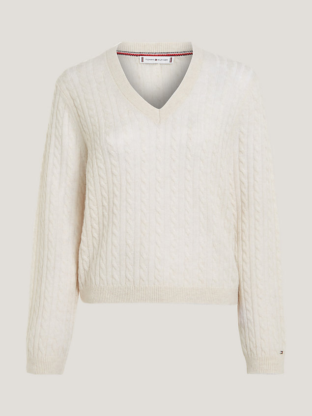 beige curve wool cable knit v-neck jumper for women tommy hilfiger