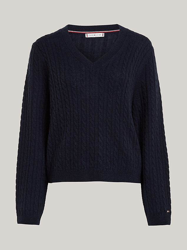 blue curve wool cable knit v-neck jumper for women tommy hilfiger