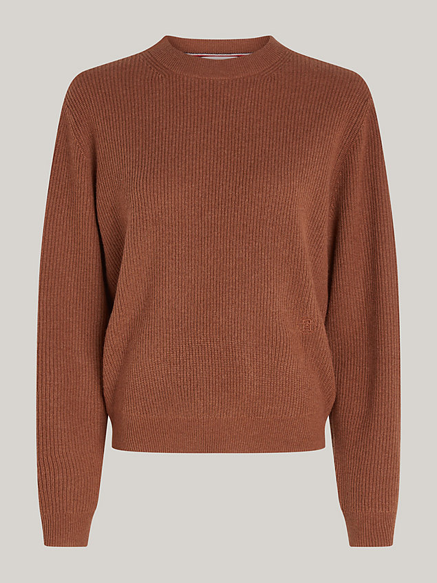 brown curve ribbed relaxed fit jumper for women tommy hilfiger