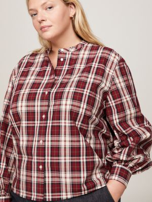 Camicia donna over size lunga a quadri rosso blu con bottoni e tasche  camicione