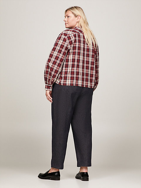 red curve tartan collarless cropped shirt for women tommy hilfiger