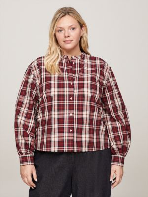 Camicia crop Curve a quadri senza colletto, Rosso