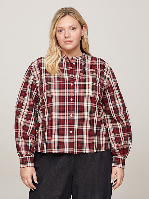 red curve tartan collarless cropped shirt for women tommy hilfiger