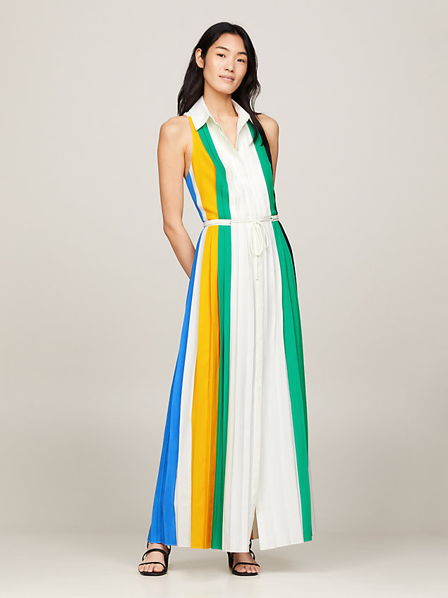 white colour-blocked pleated maxi dress for women tommy hilfiger