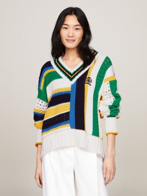 Crest Mixed Knit Stripe Relaxed Jumper | White | Tommy Hilfiger