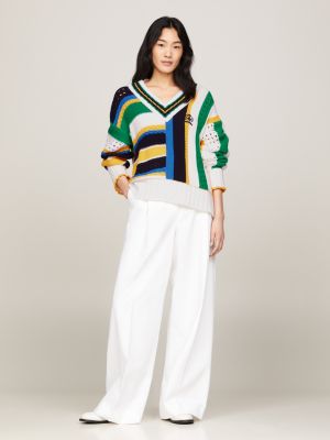 Crest Mixed Knit Stripe Relaxed Jumper | White | Tommy Hilfiger