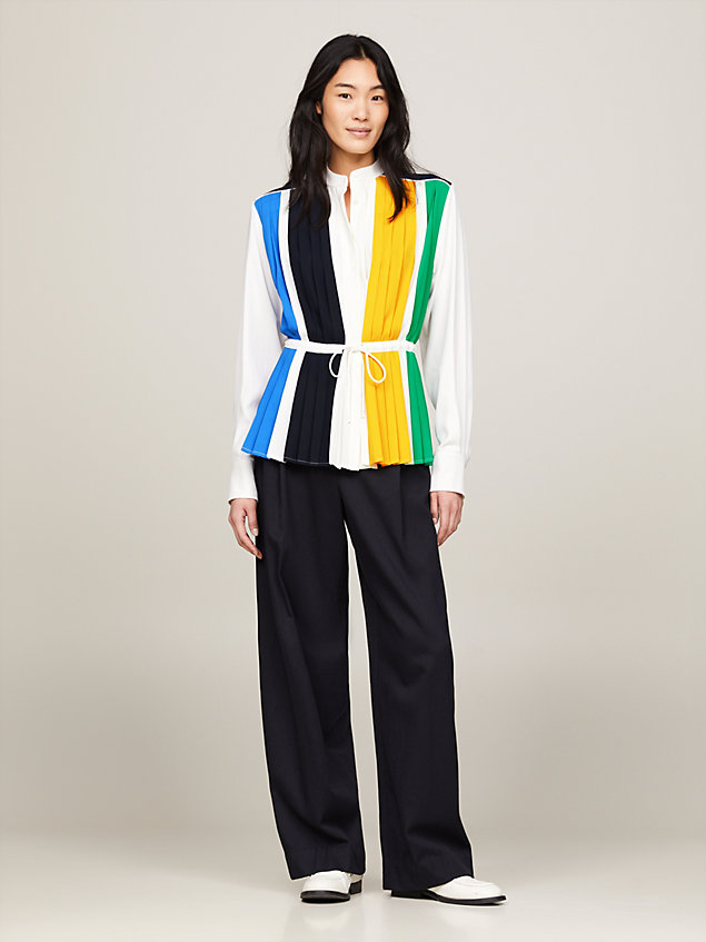 white pleated colour-blocked regular fit shirt for women tommy hilfiger