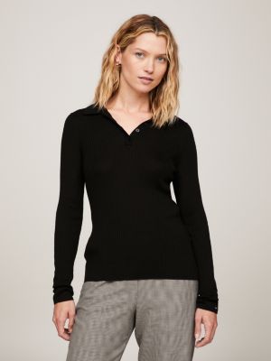 Jersey de lana merino con manga corta negro mujer