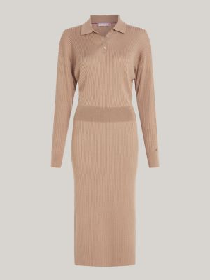 Ribbed Long Sleeve High Neck Knit Pleated Midi Sweater Dress