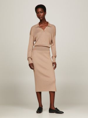 Rib-Knit Polo Sweater Dress, Beige