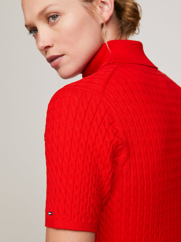 red kurzärmeliges sweatshirt-kleid mit zopfmuster für damen - tommy hilfiger