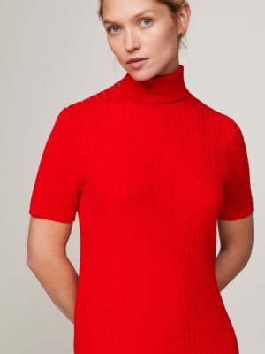 Mini Cable Knit Short Sleeve Sweater Dress Red Tommy Hilfiger