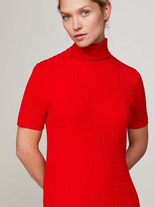 red kurzärmeliges sweatshirt-kleid mit zopfmuster für damen - tommy hilfiger