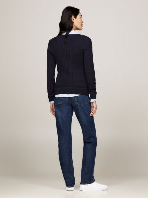 Cable Knit V-Neck Jumper | Blue | Tommy Hilfiger