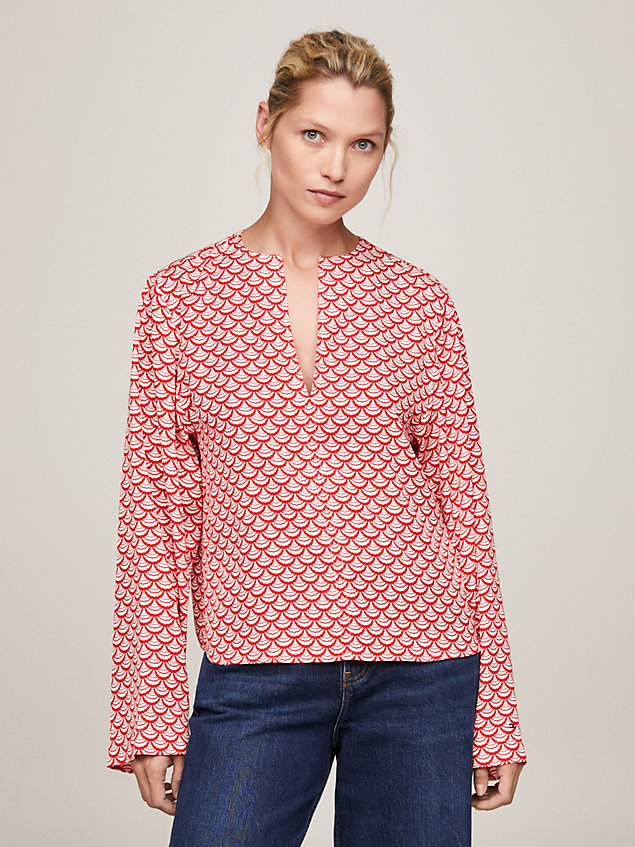 red geometric print v-neck relaxed fit blouse for women tommy hilfiger